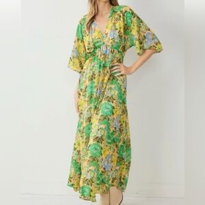 Entro Green Yellow and Blue Flowy Floral Maxi Dress Size Extra Large